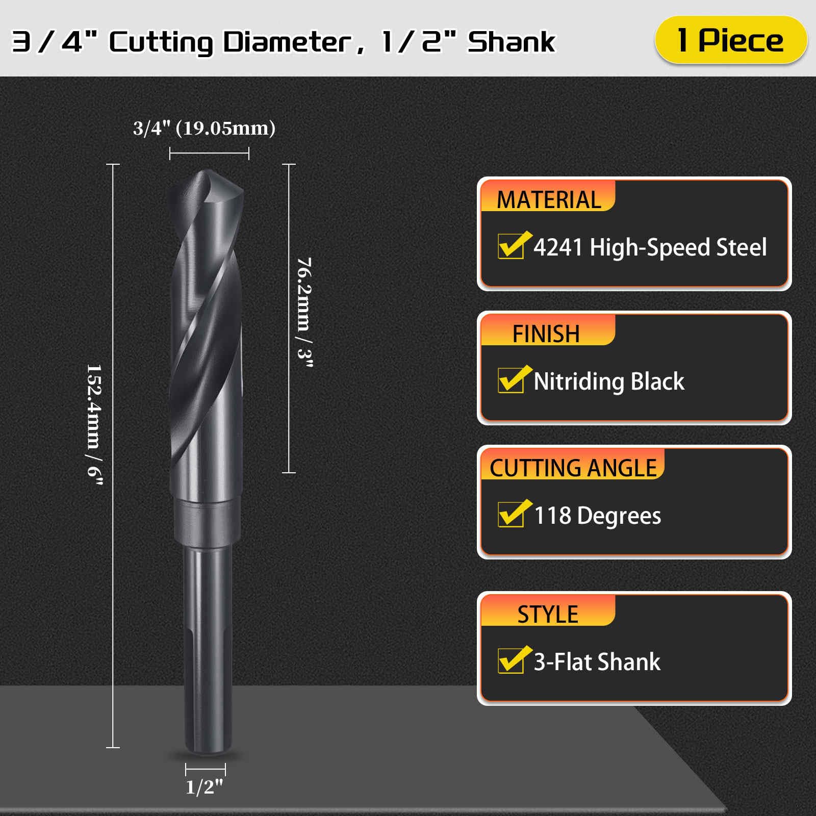 CoCud Drill Bit, 3/4" Cutting Diameter (19.05mm), 1/2" Reduced Shank 3-Flat 4341 HSS Nitriding Black 118° Cutting Angle Bits - Image 2