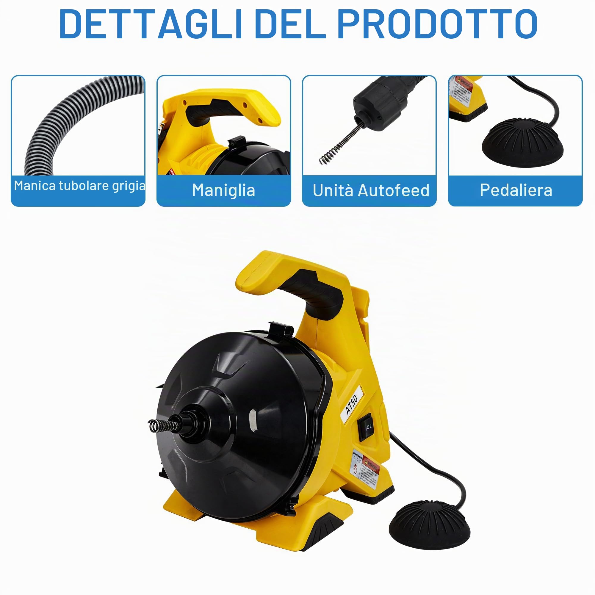 Sturatore Elettrico Professionale per Tubi, 9m/30Ft Cavo Rinforzato, Pedale di Comando, Ideale per Scarichi da 3/4" a 2", Perfetto per Lavandini, WC, Docce, Scarichi a Pavimento