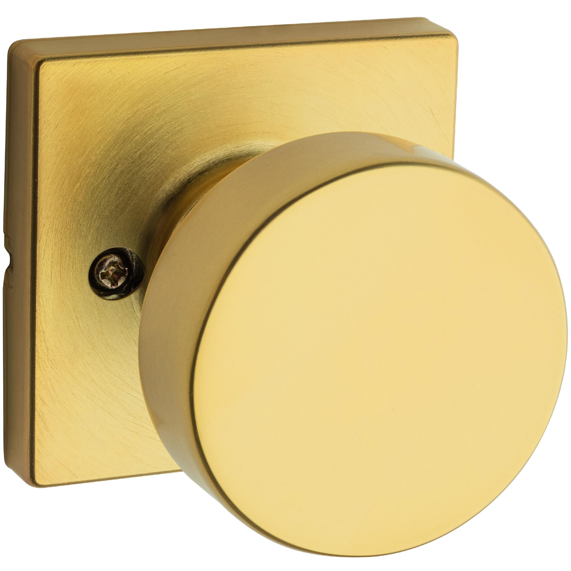 Kwikset Satin Brass Pismo Dummy Door Knob, Single Sided Handle For Closets, French Double Doors, And Pantry, Non-Turning Interior Push/Pull Door Knob