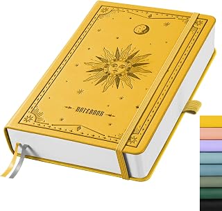 EMSHOI Cuaderno rayado A5, 320 páginas numeradas, 100 g/m² de grosor, tapa dura, de piel, para mujeres, hombres, escuela, trabajo, escritura, notas, 14,5 x 21 cm, color amarillo