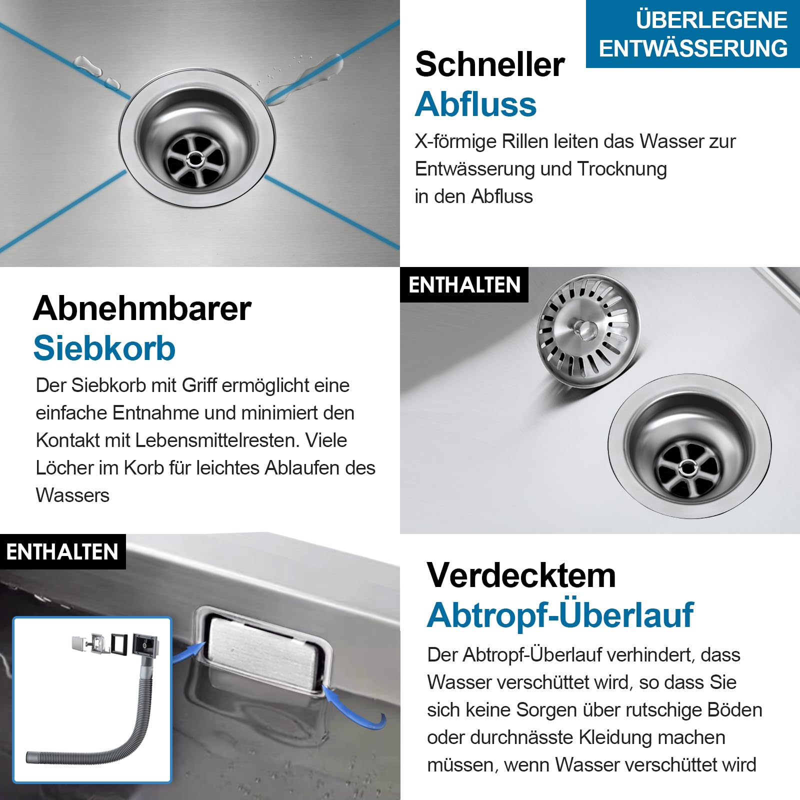 ROVOGO Küchenspüle 40 x 34 cm Edelstahl 304 Gebürstet, Einbauspüle 1 Becken Rechteckig mit Armaturloch, Ablaufgarnitur und Überlauf-Set