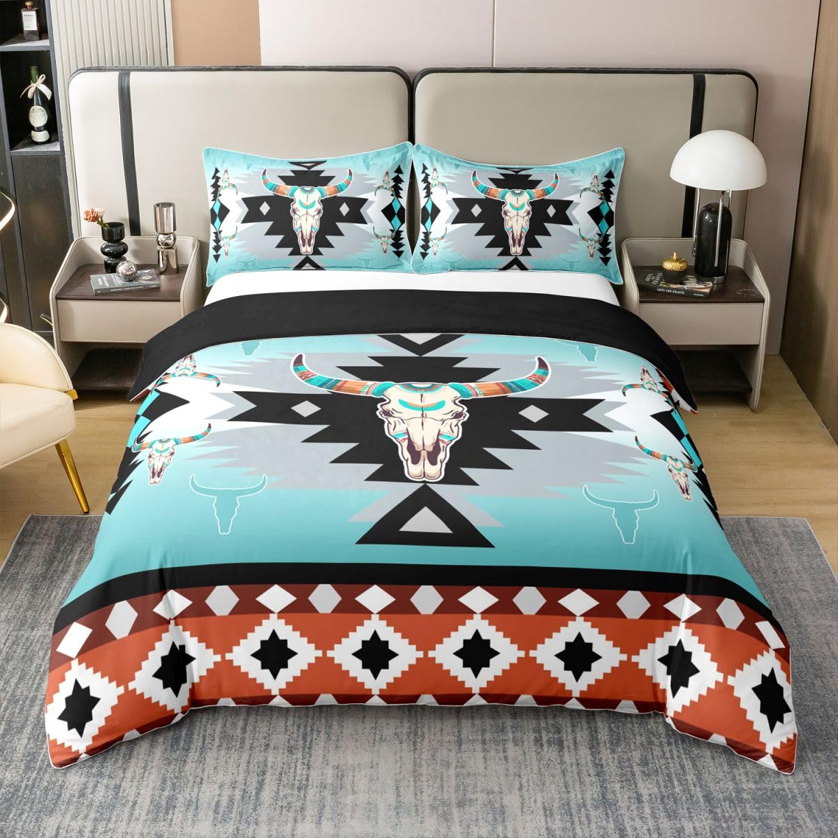 Parure de lit western housse de couette 220x240 enfant coton style navajo aztèque crâne de taureau
