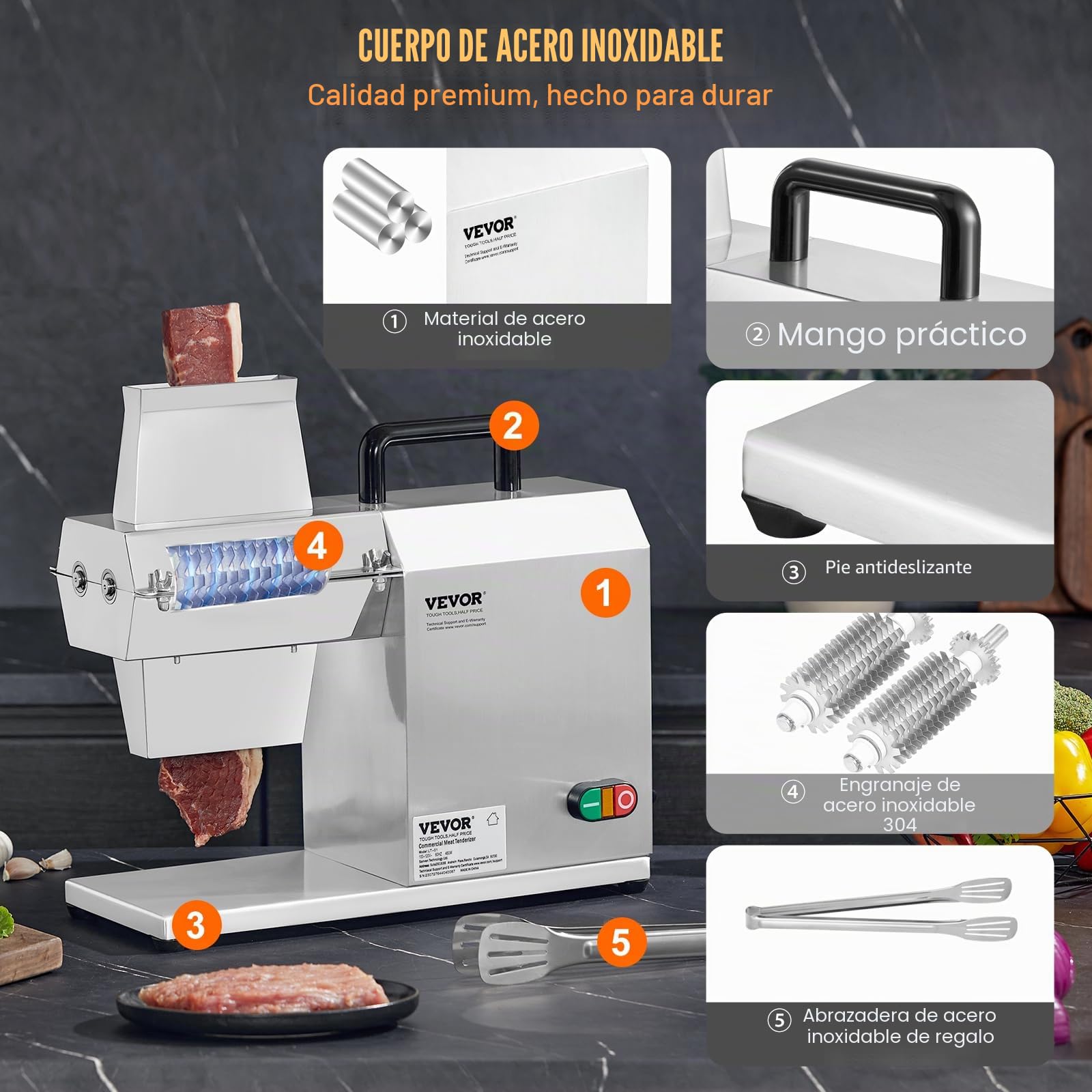 VEVOR Ablandador de Carne Eléctrico Comercial 450 W Máquina Ablandadora de Carne Acero Inoxidable 120 kg/h con 54 Cuchillas Herramienta para Ablandar Carne para Preparar Filete Pollo Cerdo