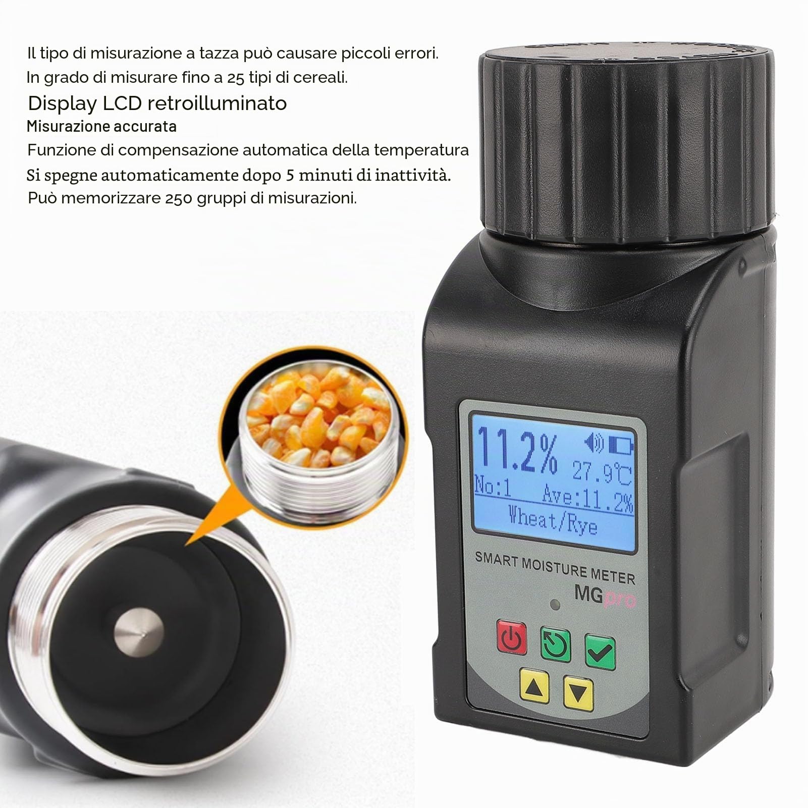 Tnfeeon Tester per Cereali con Display LCD Portatile Mini Misuratore di umidità per Cereali per caffè, Cacao, Riso, Grano, 25 Tipi