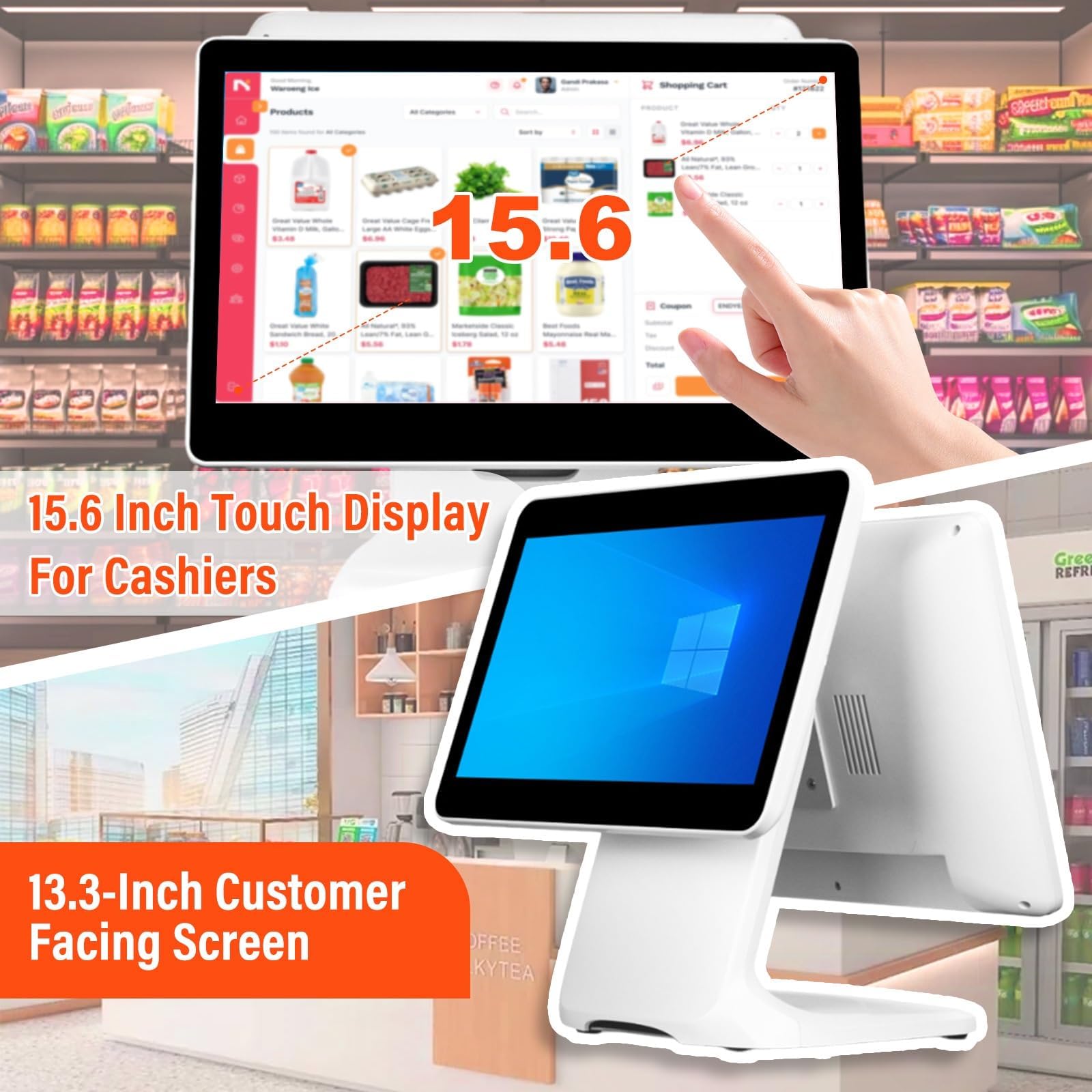 Registratore di cassa del sistema del punto di vendita, macchina doppia di posizione dell'esposizione del touch screen con l'esposizione del cliente per la vendita al dettaglio, i ristoranti, i caffè