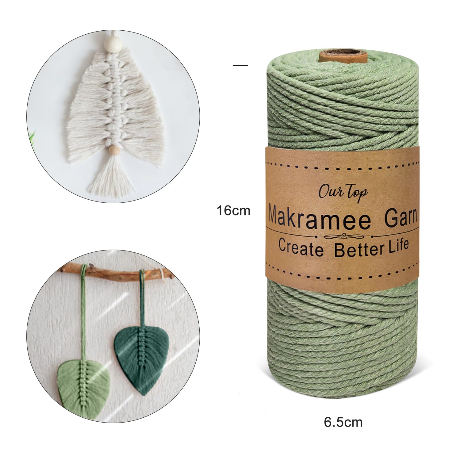 OurTop Premium macramégaren, 3-delige set, 3 mm x 100 m macramé, koord, macramé, garen voor doe-het-zelf, handwerk, wevendecoratie, plantenhanger (wit, lichtgroen, donkergroen