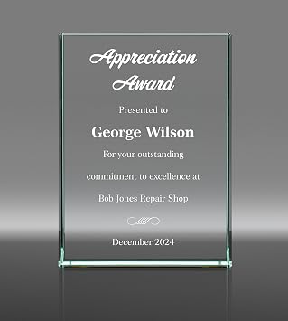 Custom Engraved Plaque Award 6 Inches Tall Glass Awards with Engraving - Personalized Employee Recognition - Choose Your Award Title: Appreciation, Achievement, Excellence, Retirement, and More