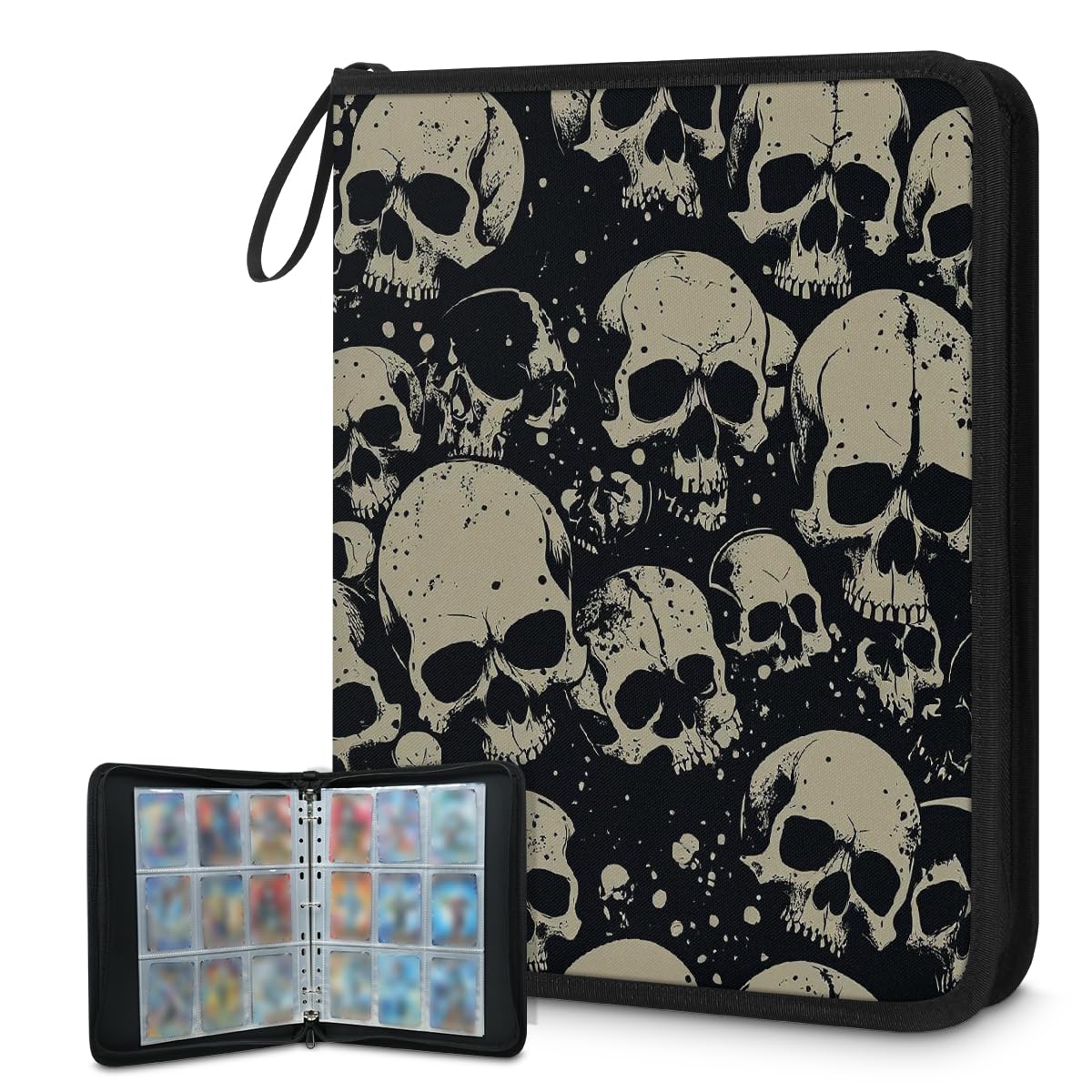Card Binder 9 Pocket, 900 Pockets Trading Card Binder with Zipper Closure(Goth Skeleton)