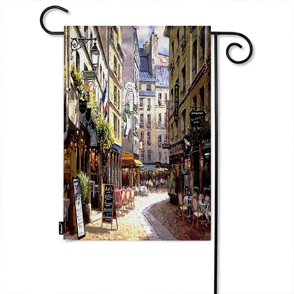 Paris Garden Flag Vintage Painting France Street Cafe European Building French Shops Flags Double-Sided Banner Welcome Yard Flag Outdoor Home Decor. Lawn Villa 12x18 Inch Green