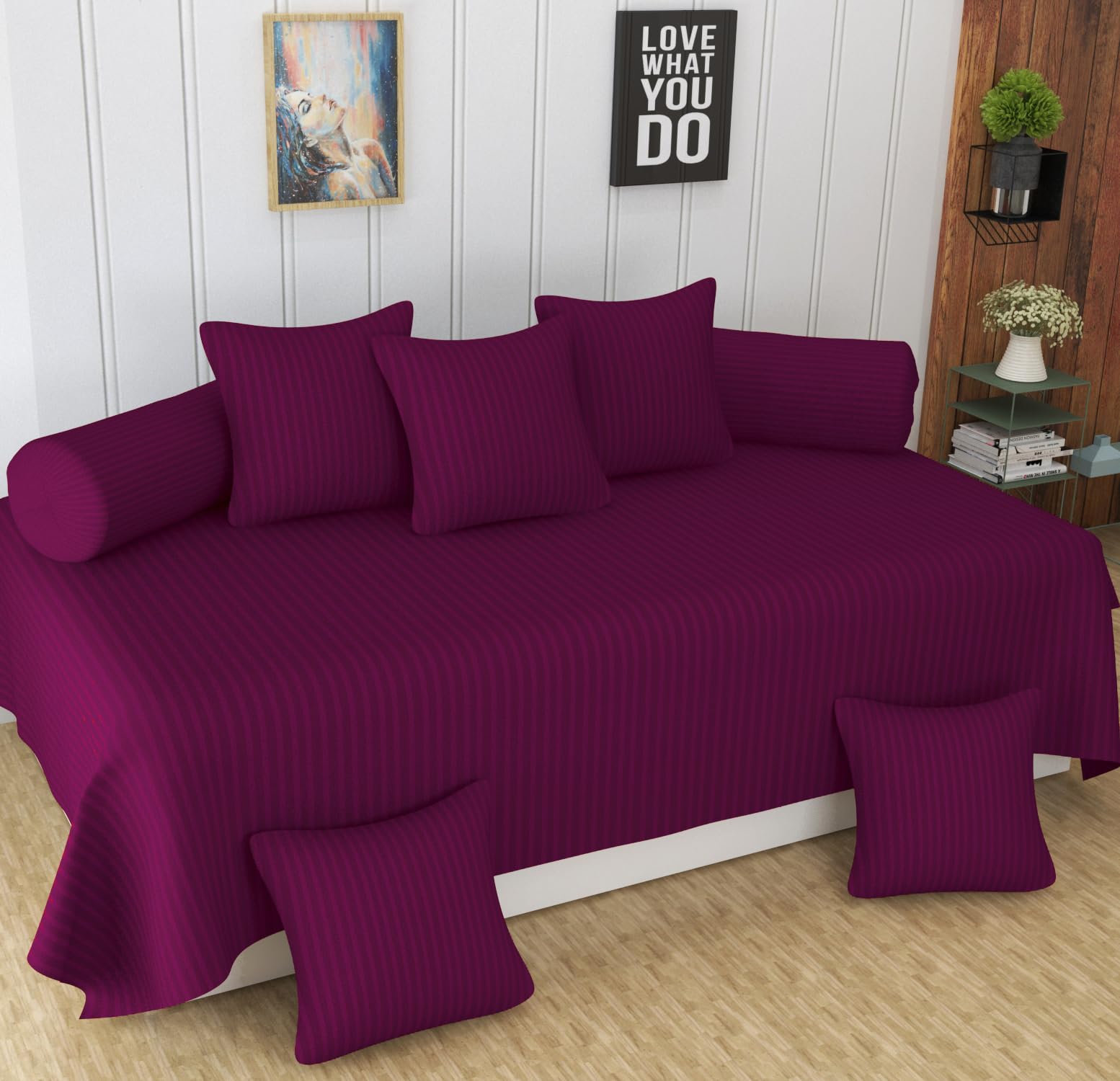 Homefab India 160 TC Stripe Glace Cotton Diwan Set - 8 Piece - Dark Pink