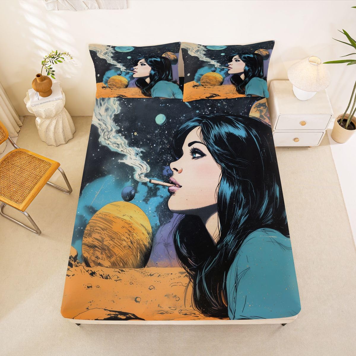 Homewish Cartoon Woman Prześcieradło King Sci-Fi Planeta Kosmiczna Prześcieradła Fantasy Komiks Zestaw pościeli dla dzieci Chłopcy Dziewczęta, Złoty Niebieski Retro Moda Galaktyka Narzuta na łóżko 3