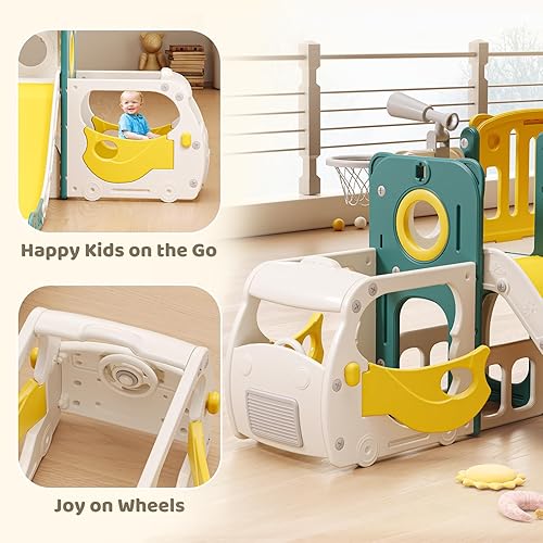 Miniatura 3 de Juego de tobogán para niños pequeños, para bebés, con temática de autobús, parque infantil con aro de baloncesto escalador para interiores y