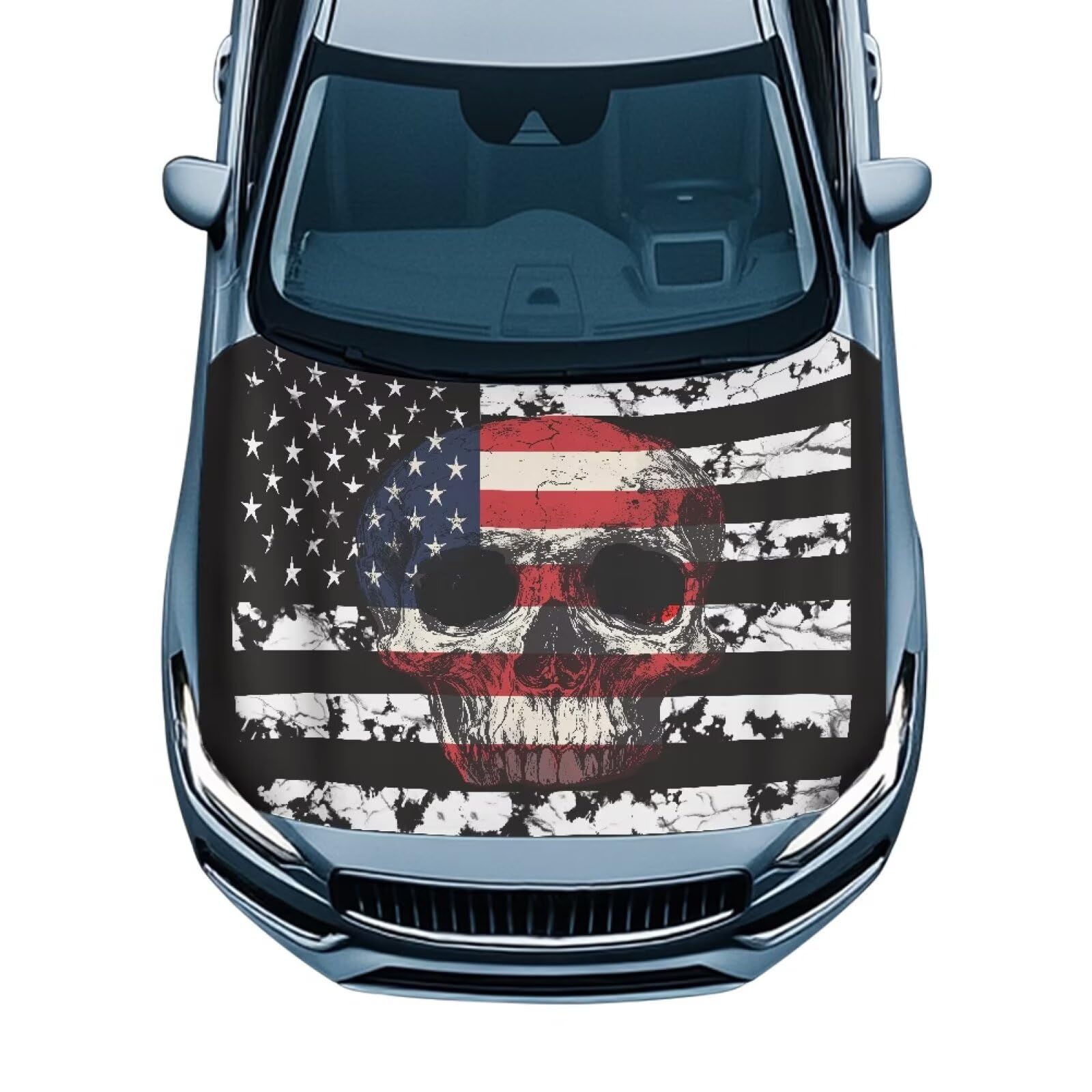 Sunset American Flag Skull Washed Car Hood Cover for Leaves for Auto Car Truck, Van, SUV, Pickup