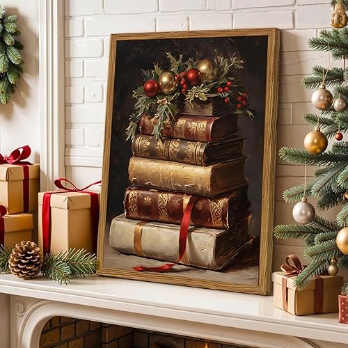 Miniatura 3 de Hwetui Lienzo de Navidad vintage para pared, libros rústicos de granja, pintura de naturaleza muerta, póster de Feliz Navidad, impresión de imagen