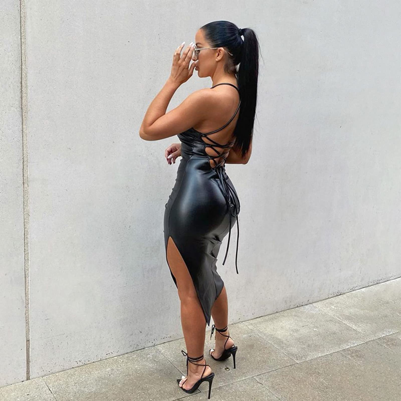 Women Faux Leather Dress Sleeveless Backless Bandage Bodycon Split Midi Dresses Party Cocktail: Large Black