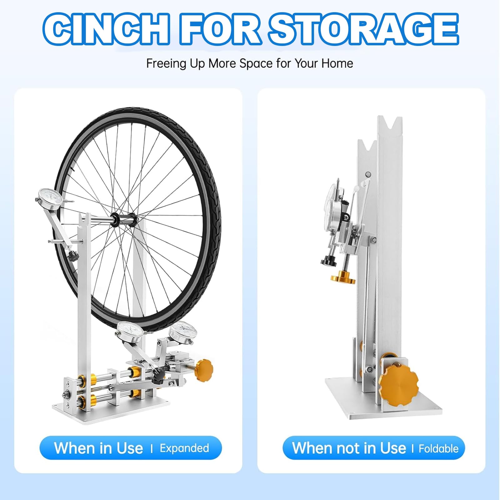 Soporte de rueda de bicicleta, herramienta de reparación de llantas resistente con 3 medidores de esfera, soporte de reparación de bicicleta de aleación de aluminio de ancho ajustable para el hogar y
