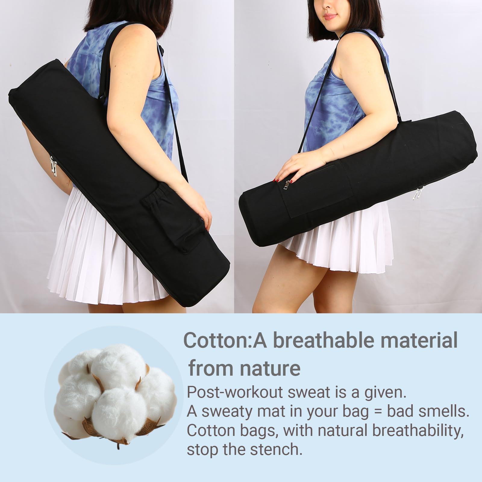 Bolsa de algodón para esterilla de yoga con bolsillos y correa ajustable, bolsa de transporte para esterilla de yoga con cremallera completa, bolsa para esterilla de yoga de 1/4 pulgadas y 1