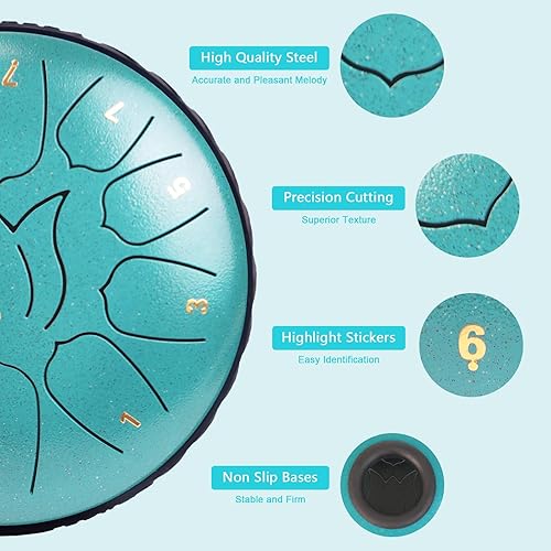 Vista 57 de Tambor de lengua de acero, 13 notas, 12 pulgadas, tambor de acero con bolsa de tambor, libro de música, mazos de tambor, soporte de mazo, púas