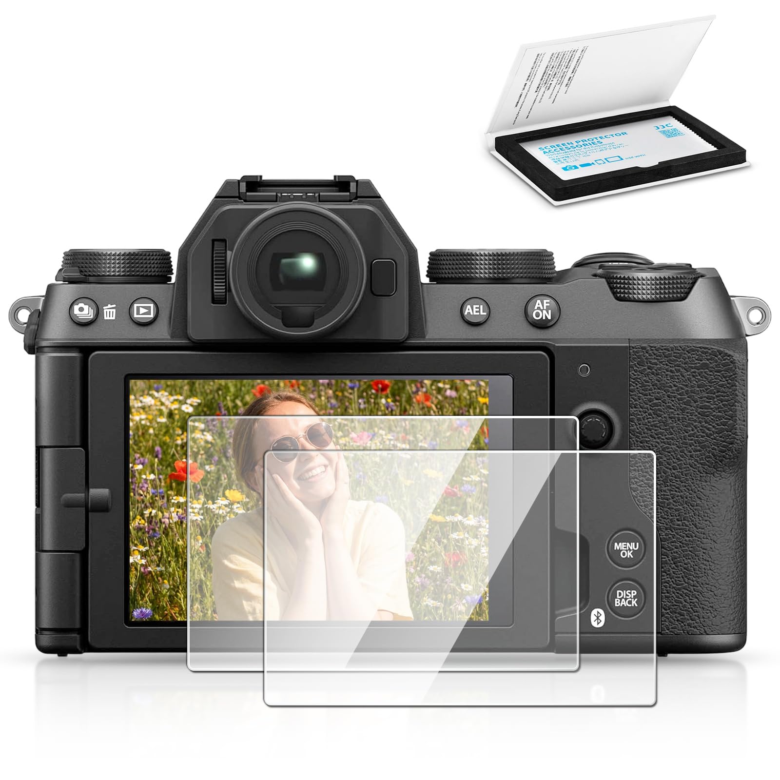JJC 2 Pack Camera Screen Protector Camera for Fujifilm X-S20, Ultra-Thin Anti-Fingerprint Anti-Scratch 9H Hardness 2.5D Rounded Edges Tempered Glass Protector