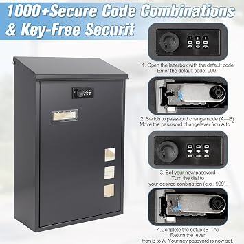 Post Boxes Wall Mounted Weather Resistant, Combination Lock, Rain Cover