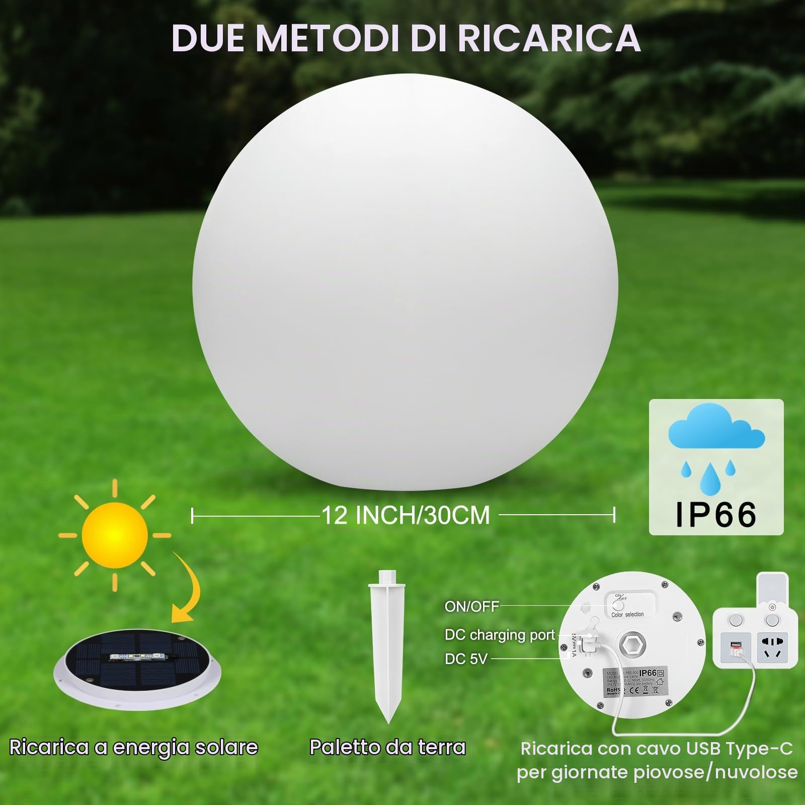 2PCS RGB Lampada Sfera Giardino, Luminosa Da Giardino 30 CM Sfera, Luci Solari Esterno IP66 Impermeabili, 1200mAh Lampada Solari Dimmerabili Luci Decorazione per Stanza, Esterni, Piscina, Balcone