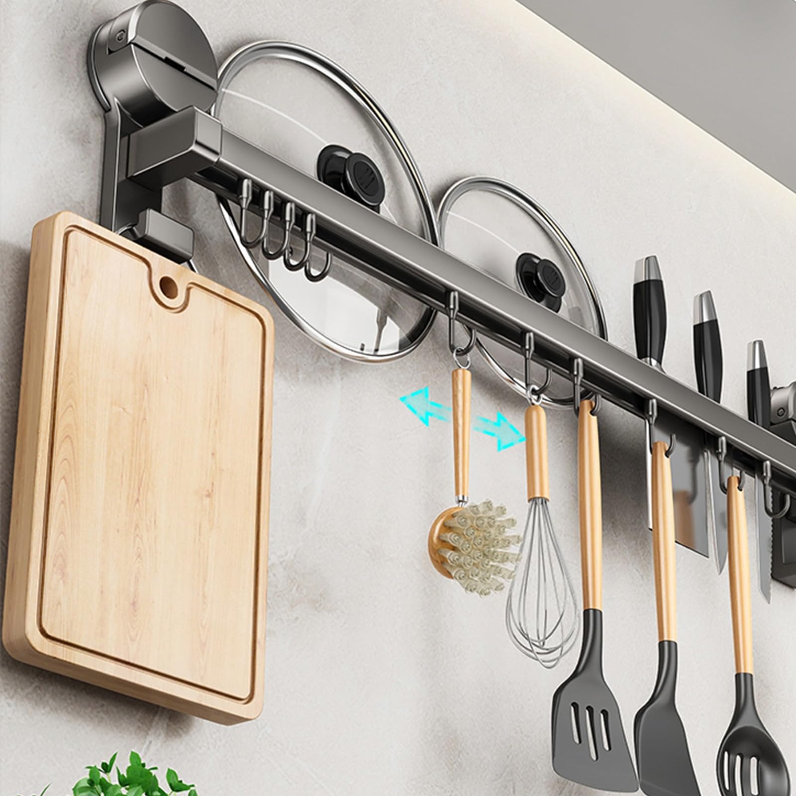Ganchos de cocina autoadhesivos, no requiere taladrar, color negro, para colgar en la pared, para ollas y cuchillos, 40 cm con 8 ganchos (12 ganchos de 60 cm)