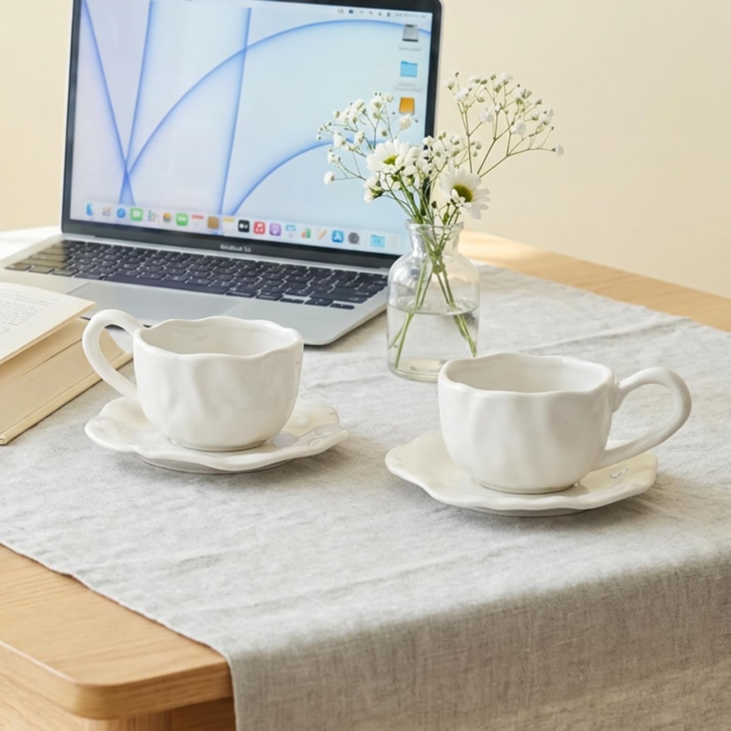 Ceramic Espresso Cups with Saucers 6 oz,Coffe Cups for Cappuccino,Latte,Tea with Saucers Set of 2 - Folds - White - Image 6