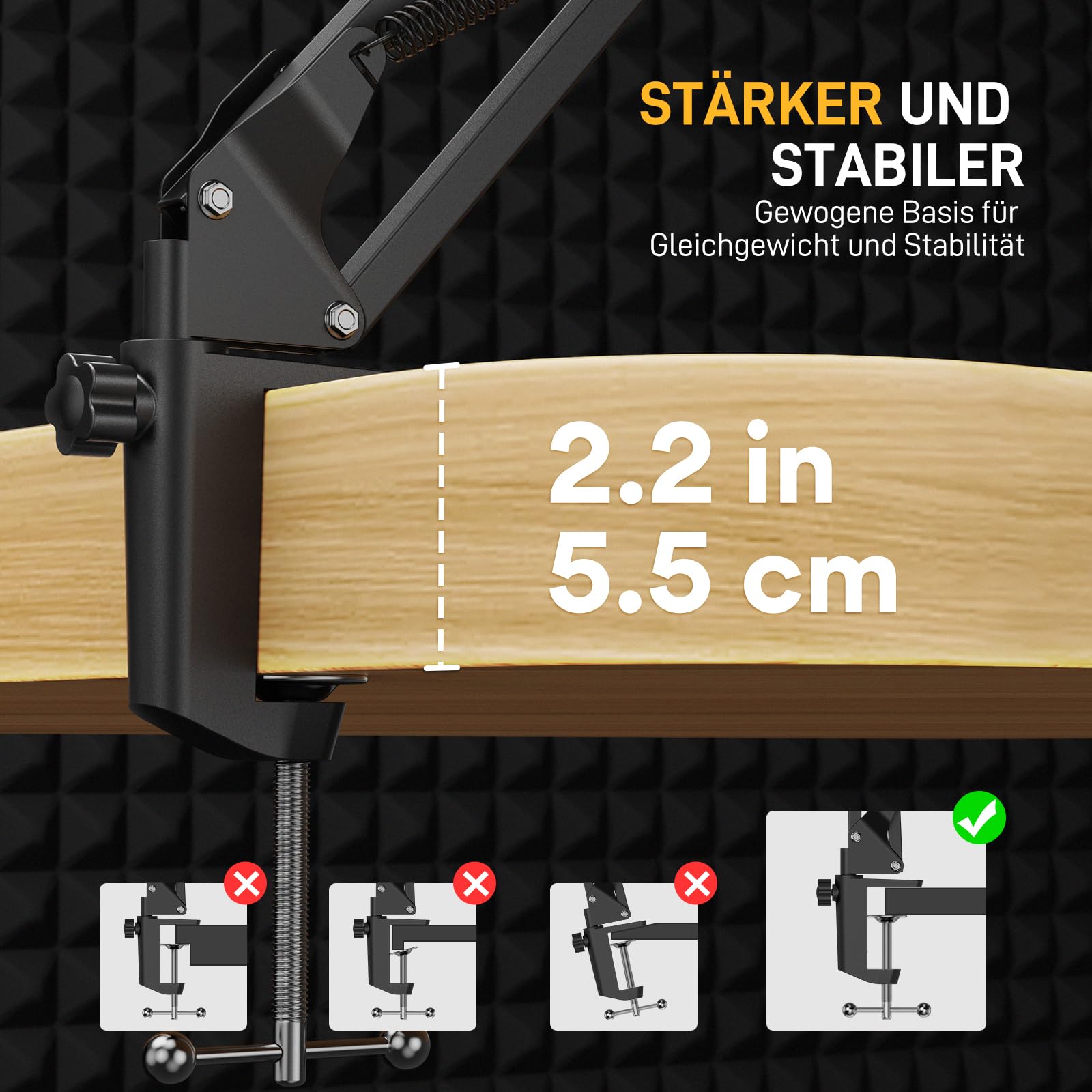 Maono Mikrofon arm, Verstellbarer Mikrofonständer für Podcast, Gaming, Streaming & Aufnahmen – inkl. Tischklemme und 3/8" zu 5/8" Adapter – BA20,Schwarz