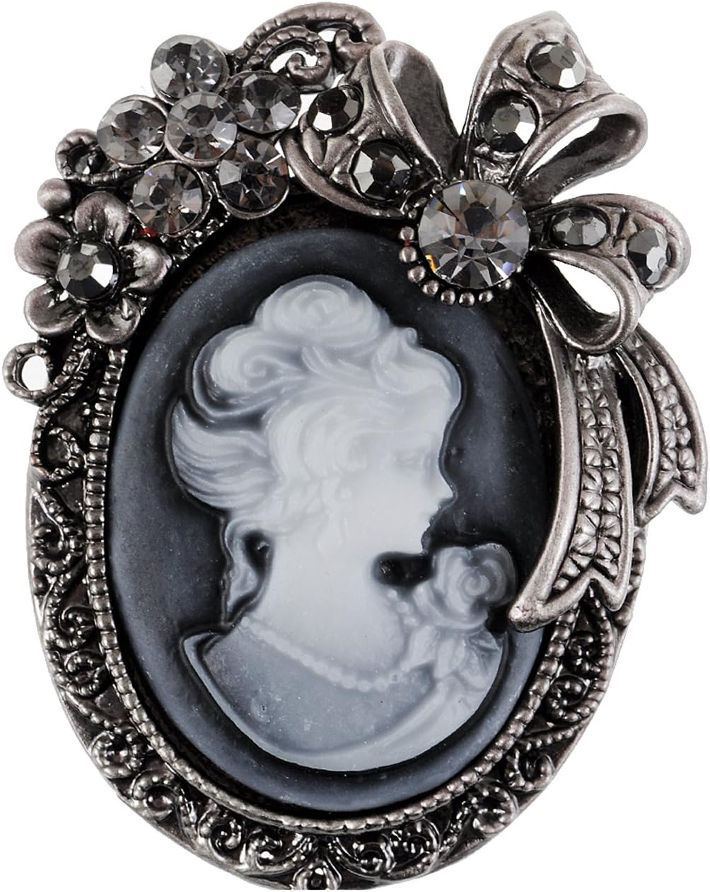 Vintage Inspired Crystal Rhinestone Victorian Lady Cameo Brooch Pin Maiden Flower Ribbon Bow Pendant