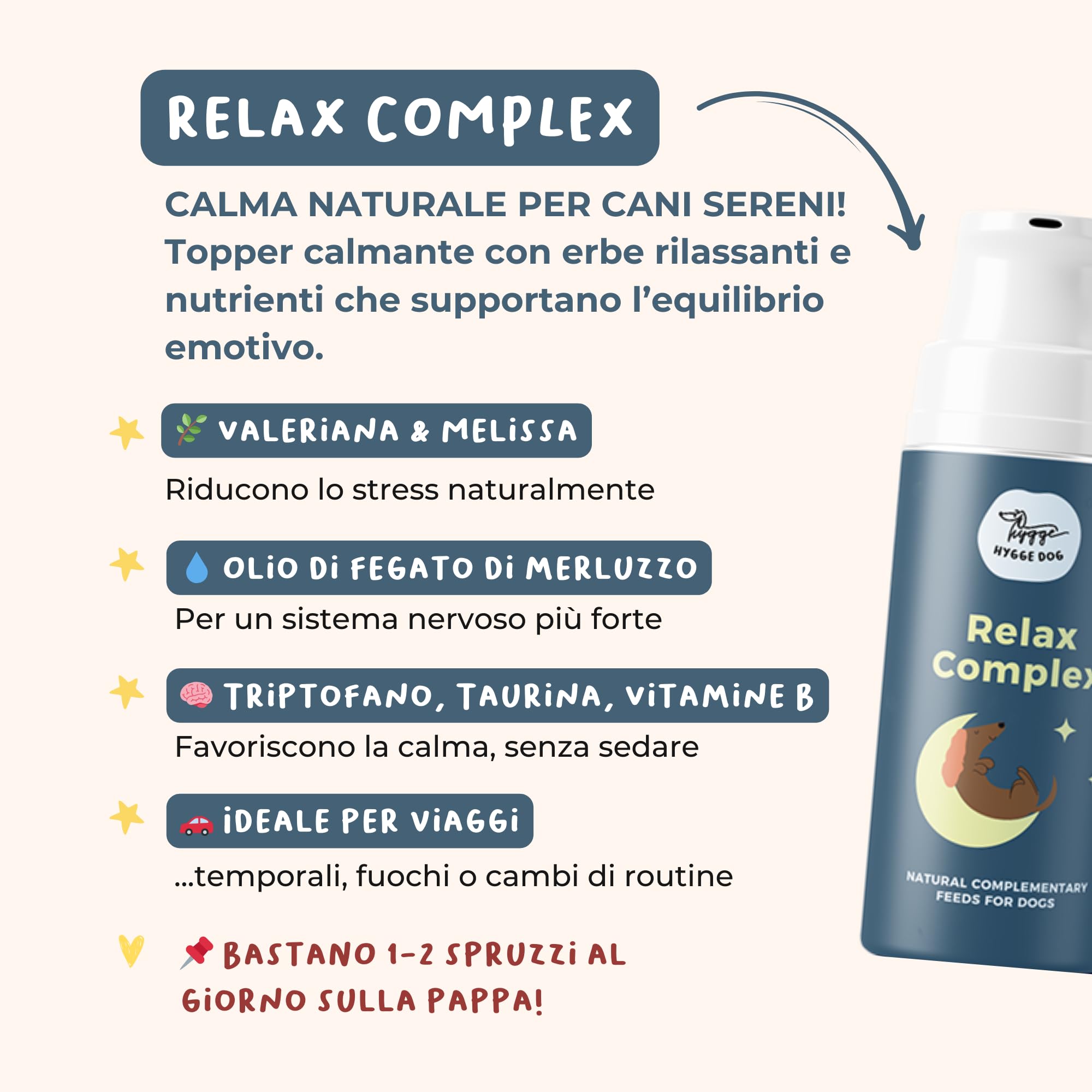 Hygge Dog Bundle Relax – Rutina calmante para perros apetecible | 2 galletas buenas noches, 2 x Stay Calmino, 2 x Topper Relax Complex | 100% natural, fabricado en Italia | Solución completa contra la