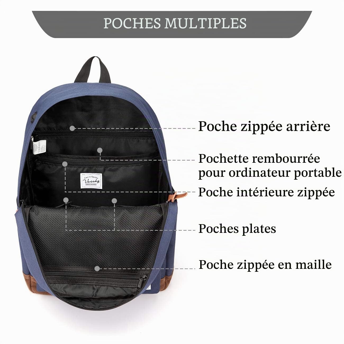 VASCHY Sac à dos pour homme et femme Sac à dos d'écolier Sac à dos pour ordinateur portable Sac à dos de loisirs