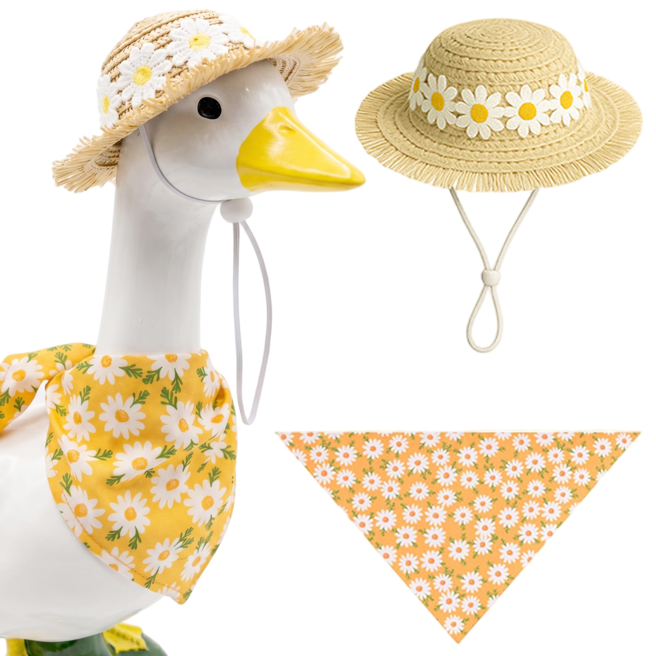 Striegro Porch Geese Summer Outfit, Porch Geese Outfits with Daisy Straw Hat & Bandana Set - Gooses Clothes, Yellow, One Size.