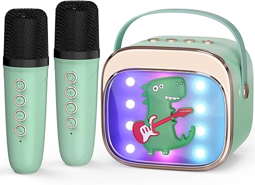 Miniatura 8 de FLUESTON Mini máquina de karaoke para niños y adultos, altavoz Bluetooth portátil con 2 micrófonos inalámbricos, juguetes para niñas de 3, 4, 5, 6,