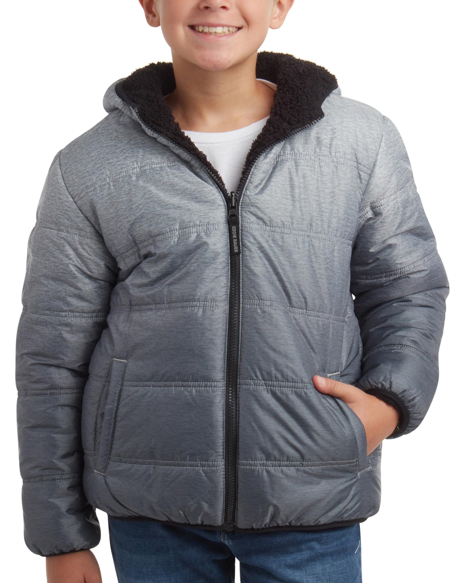 Eddie BauerBoys' Reversible Jacket - Waterproof Lightweight Fleece Lined Hooded Puffer Coat - Boys Outerwear Jacket (5-20)