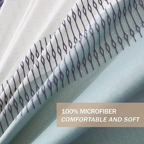 Miniatura 4 de Nanko Juego de funda de edredón tamaño matrimonial, 3 piezas de 80 x 90 pulgadas, color gris, menta, verde, a rayas, estampado de microfibra de