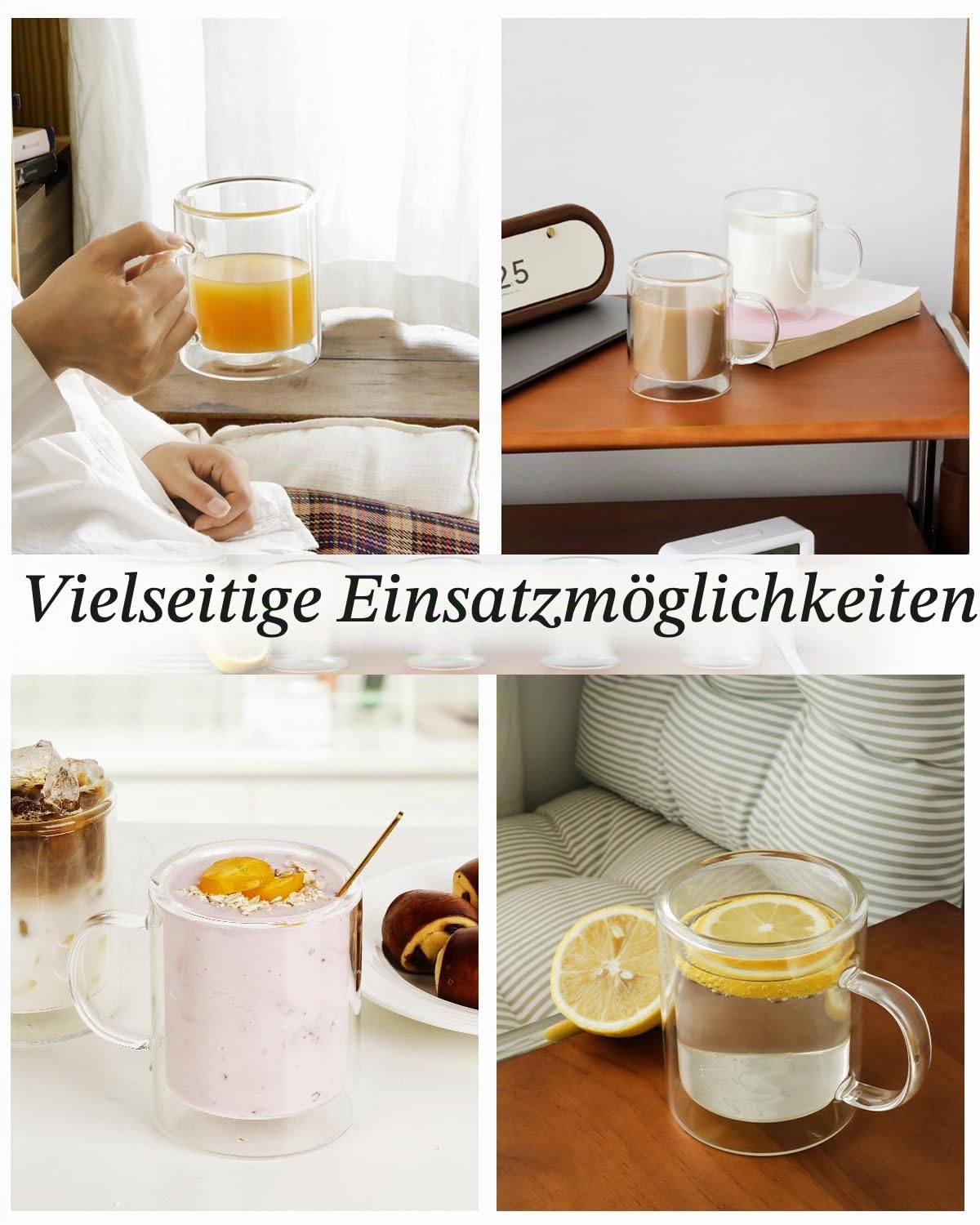 LIBWYS 4er Set Doppelwandige Latte Macchiato Gläser mit Griff (4x350ml), Hitzebeständige Glasbecher mit Edelstahl Löffel für Kaffee, Tee, Heißgetränke, Saft, Bier