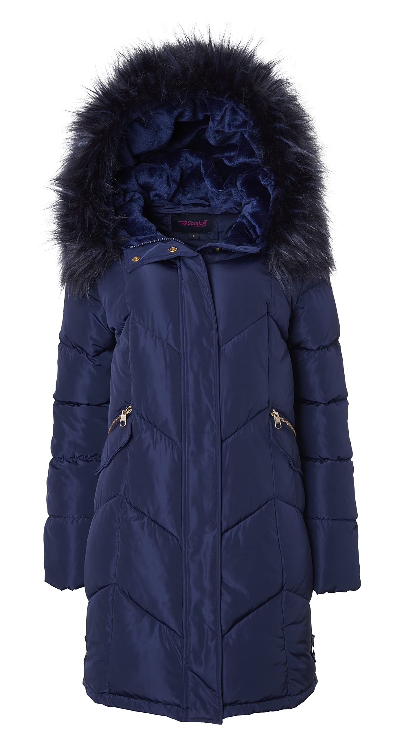 Sportoli Women Quilted Long Winter Coat Fur Trim Plush Lined Hood Puffer Jackets