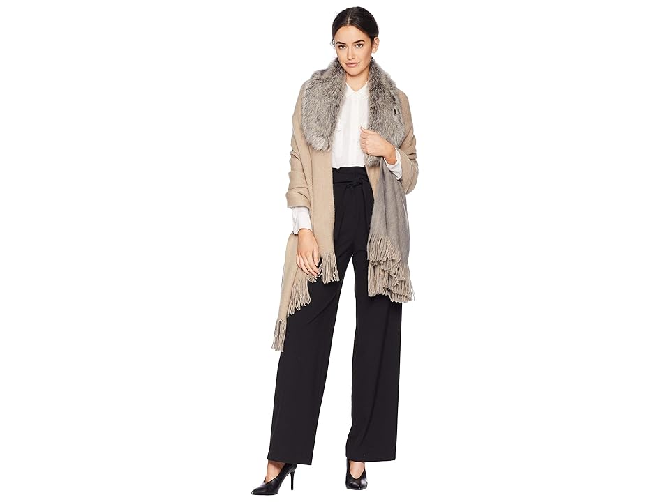 

LAUREN Ralph Lauren Reversible Fur Collar Ruana (Oatmeal/Medium Grey) Women's Clothing, Gray