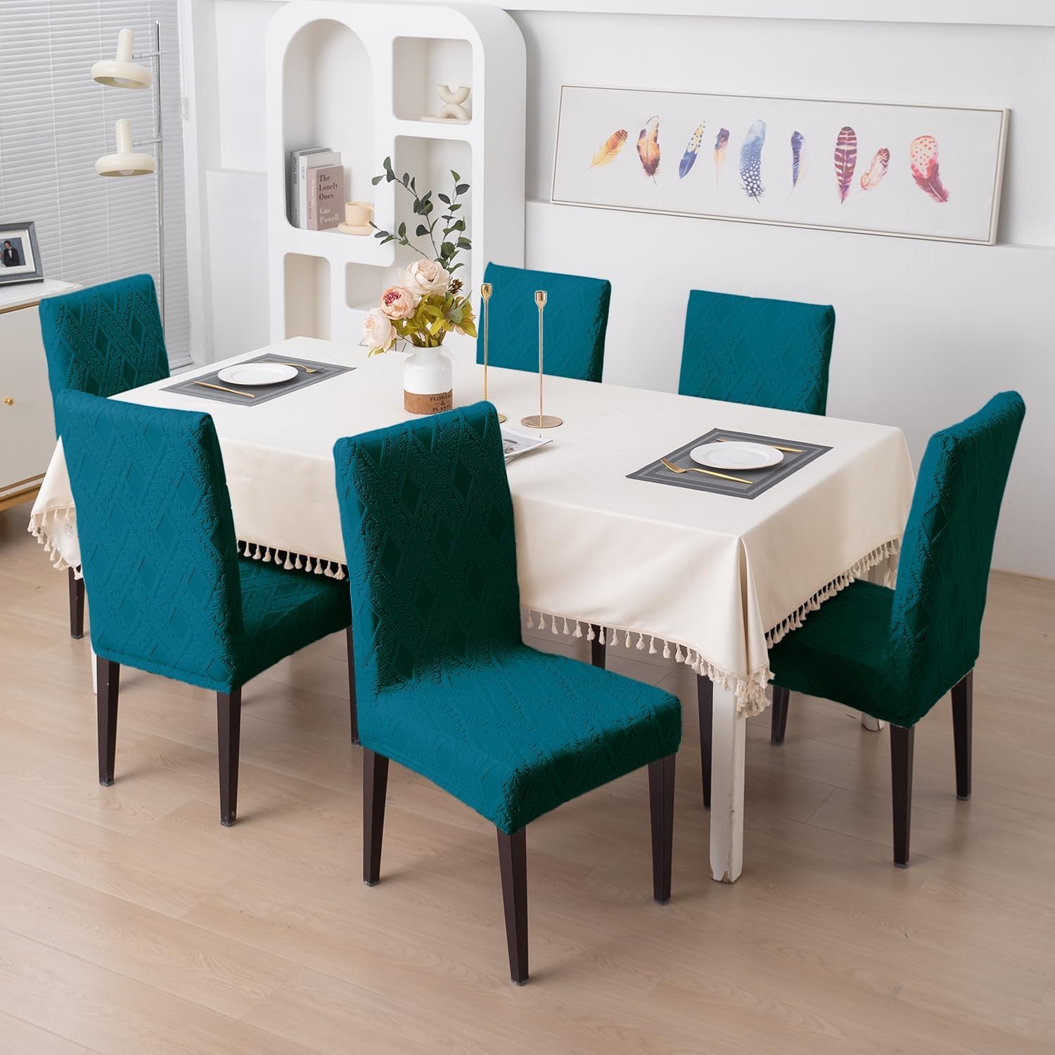 Styleys Elastic Chair Cover Stretch Removable Washable Short Jacquard Dining Chair Cover Protector Seat Slipcover (Pack of 4, Teal, JCMC41)