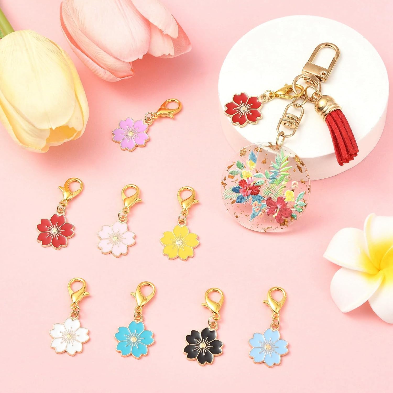 Ipotkitt 100 Pcs Alloy Enamel Flower Stitch Markers Spring Charms with Lobster Clasps Colorful Cherry Blossom Clip on Charms for Weaving Sewing Jewelry Making