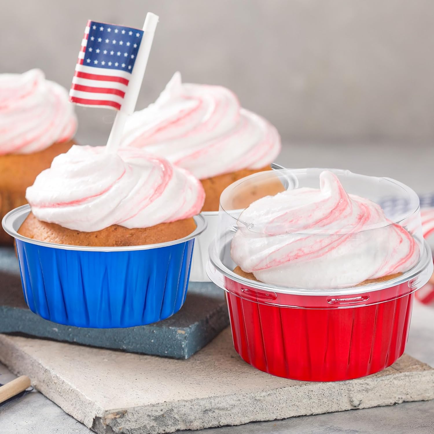 FYSUIMU 60 Pcs Patriotic 4th of July Cupcake Baking Cups with Lids Red Blue Silver Aluminum Foil Disposable Ramekins Tins for Independence Day Memorial Day 250th Anniversary Party Dessert Containers
