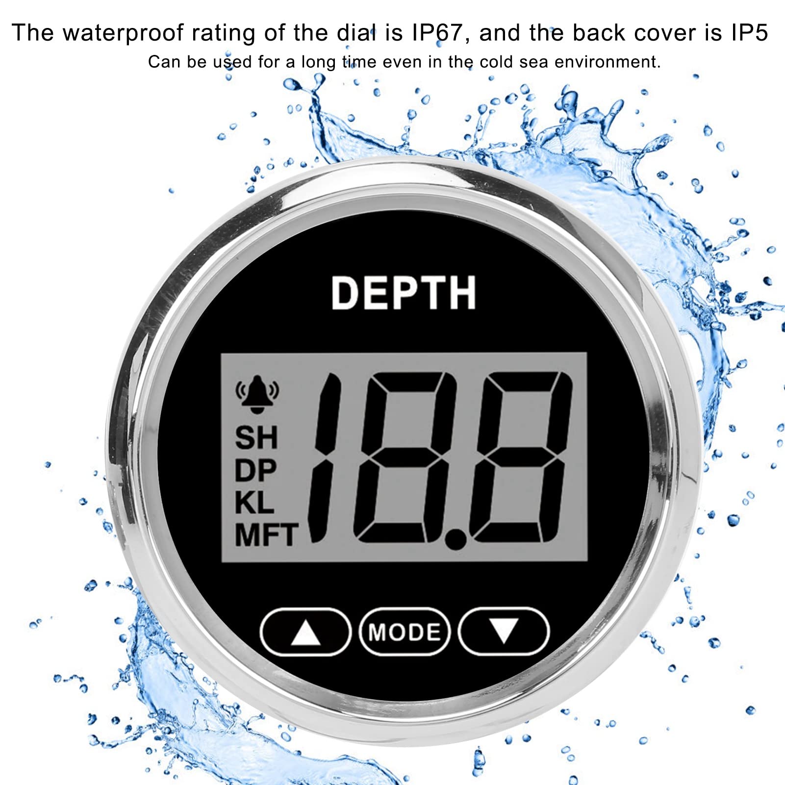 Digitales Boot Tiefenmesser Depth Gauge 52mm 2 Zoll Marine Tiefenmesser Wasserdicht Dash Depth Finder Transducer mit Weißer Hintergrundbeleuchtung für Angeln