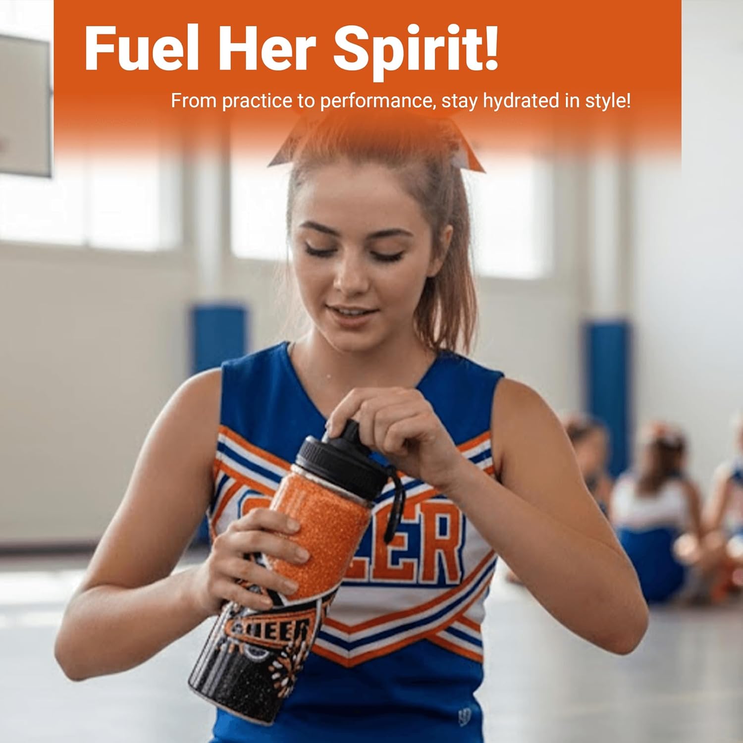 Cheer Water Bottle for Girls 18 oz, Insulated Stainless Steel Sports Bottle with Spout Lid, Cheerleader Gift Bulk for Team, Squad Gifts (Orange)