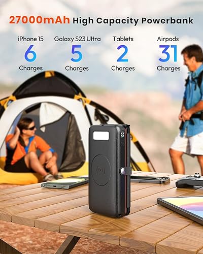Miniatura 4 de EELLE - Cargador solar con batería externa, cargador portátil inalámbrico de 27000 mAh con 4 paneles solares, batería externa de carga rápida