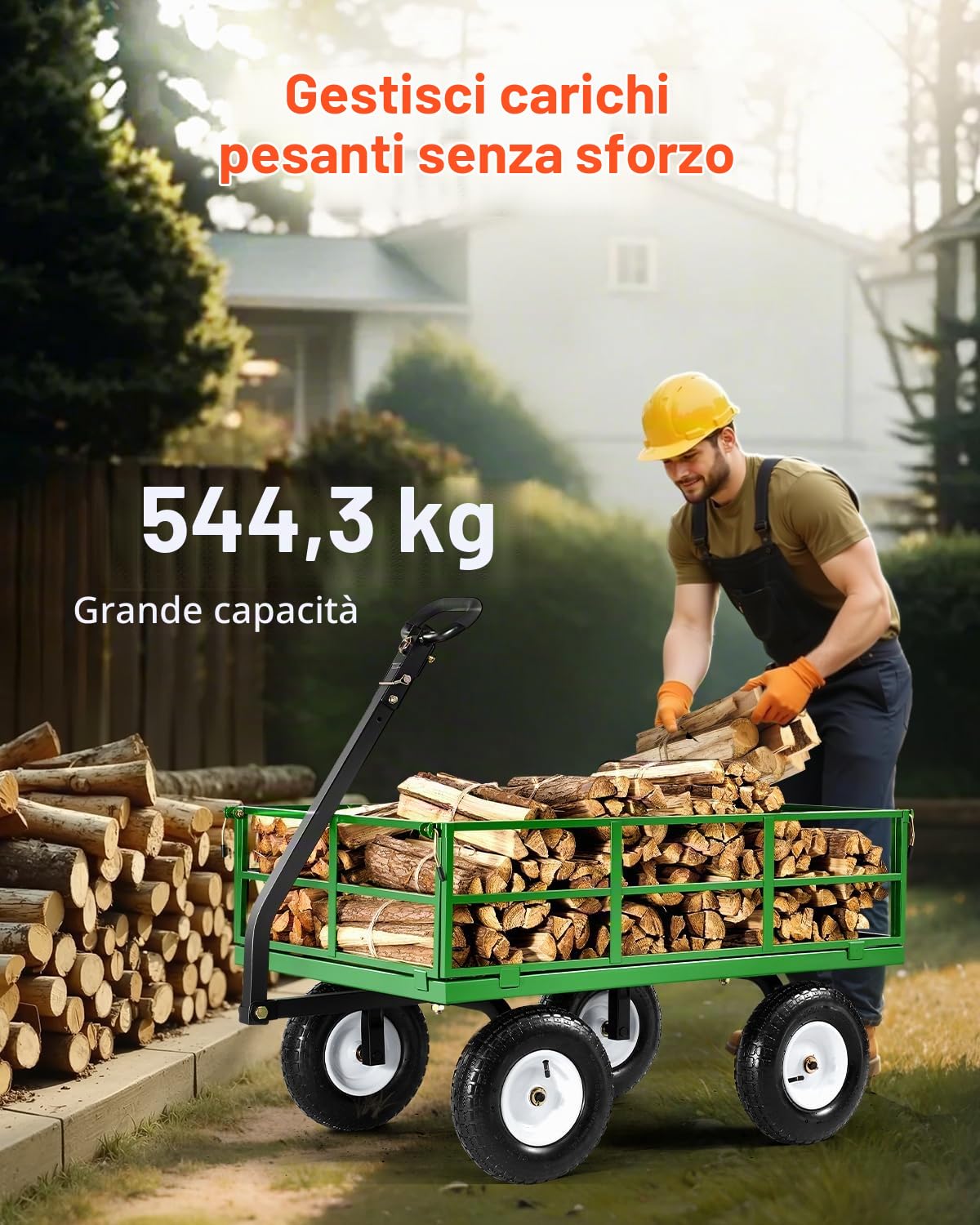 VEVOR Carrello da Giardino in Acciaio 544,31 kg su Ruote, Carrello da Giardino Trainabile per Impieghi Gravosi, Rimorchio da Giardino in Metallo per Esterni con Pneumatici 330,2 mm per Tutti Terreni