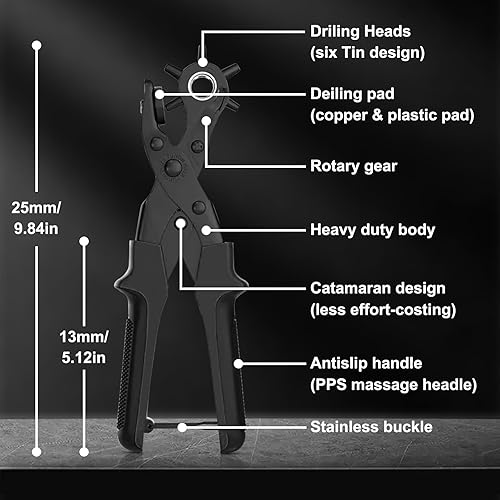 Miniatura 4 de Diyife Perforadora de cuero, perforadora para cinturón resistente, kit de alicates giratorios con aguja de molienda extra, placas de perforación,