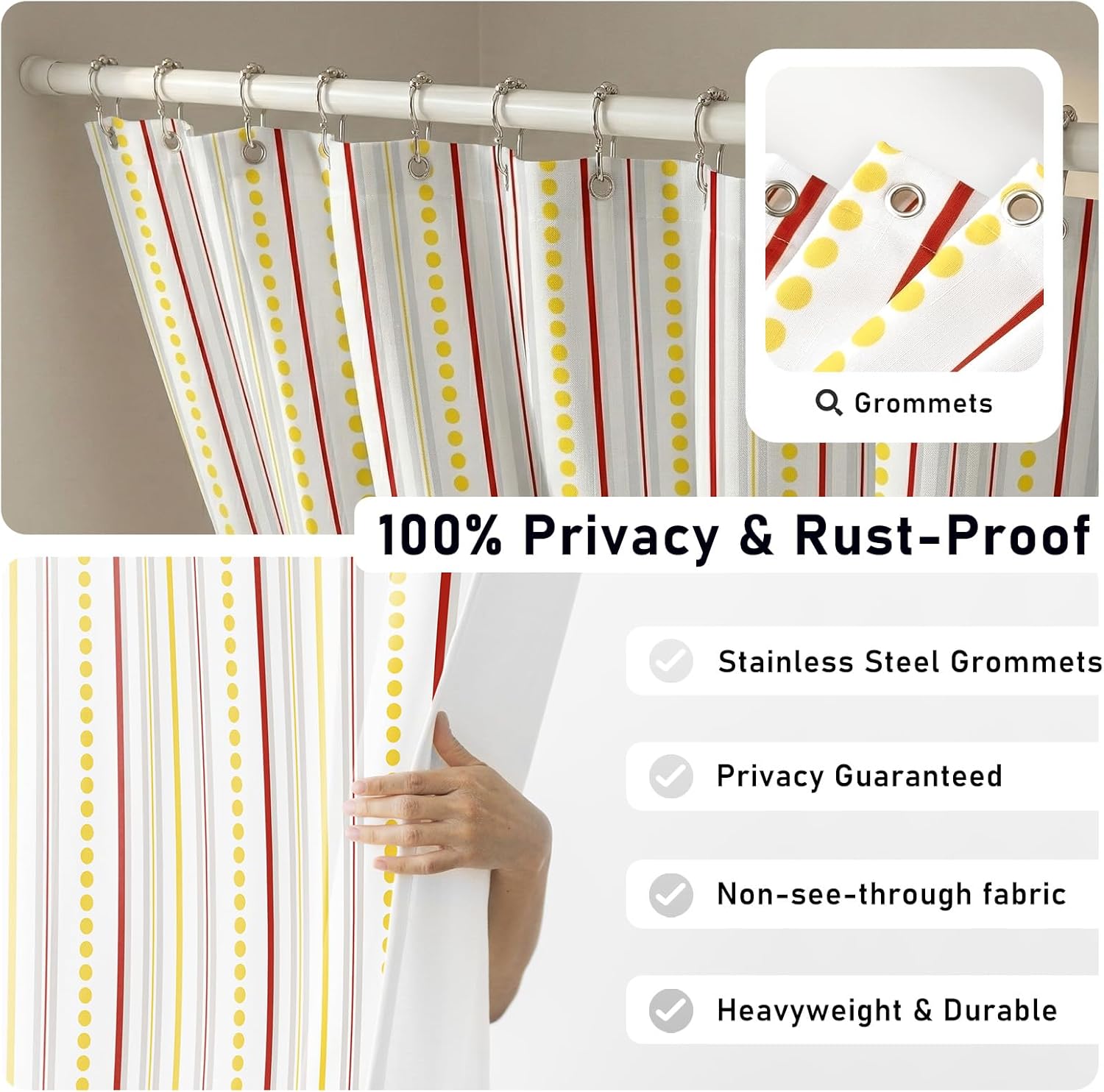 Geometric Shower Curtain for Bathroom – Modern Red & Grey Striped with Yellow Polka Dots Design – Heavy Duty Thick Fabric Bath Curtains, Waterproof & Weighted Hem, 12 Hooks Included (72" x 72")