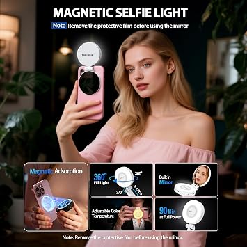 Magnetic Selfie Light for MagSafe iPhone: 3 Light Modes, Rechargeable 360 Rotatable LED Phone Ring Fill Light with Mirror for Photography, Makeup, TikTok, Zoom, Video Conference, White