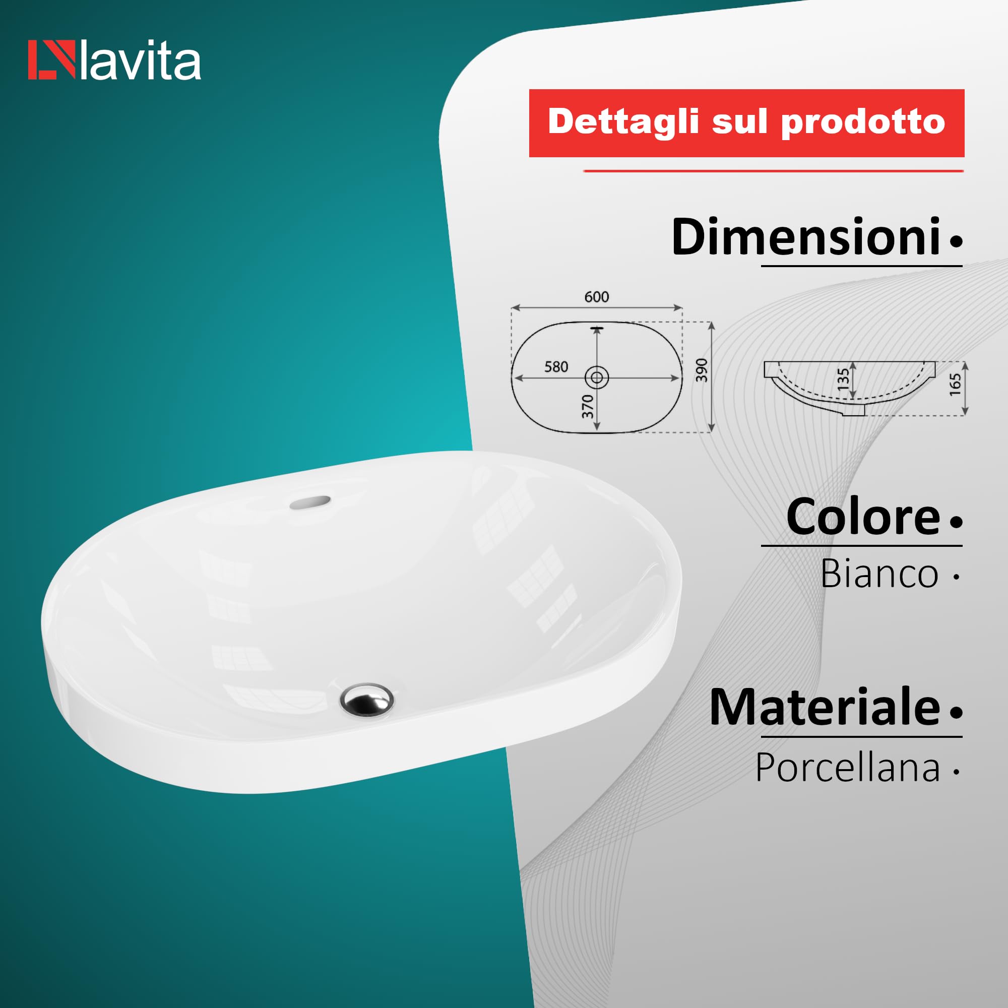LAVITA Lavabo a incasso Puebla | Lavabo sospeso | lavabo rotondo con troppopieno e senza foro per rubinetto | ceramica di alta qualità | bagno, 60 x 39 x 16,5 cm | bianco lucido