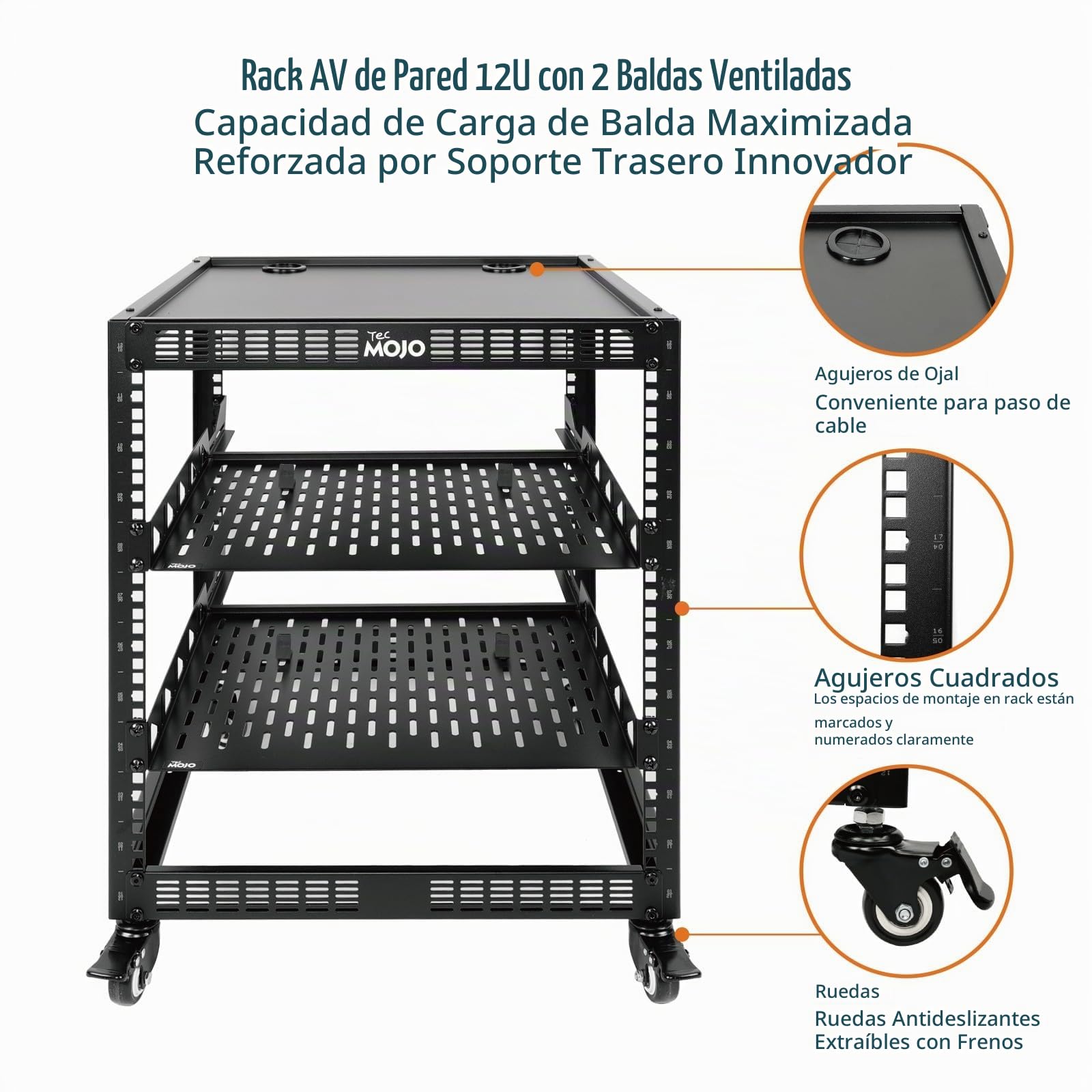 Tecmojo 19 Pulgadas 12U Open Frame 19" Rack de Red, Montaje en Suelo o en Pared, Armario de Red de 4 Postes con Ruedas, con 2 Estantes de 1U y Material de Montaje,Negro